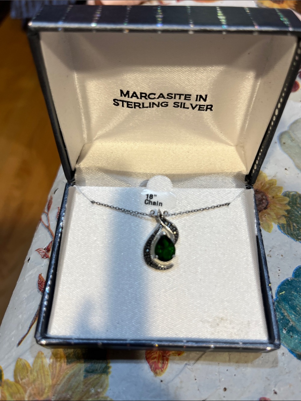 Sterling Silver Marcasite Teardrop Necklace with Green Stone